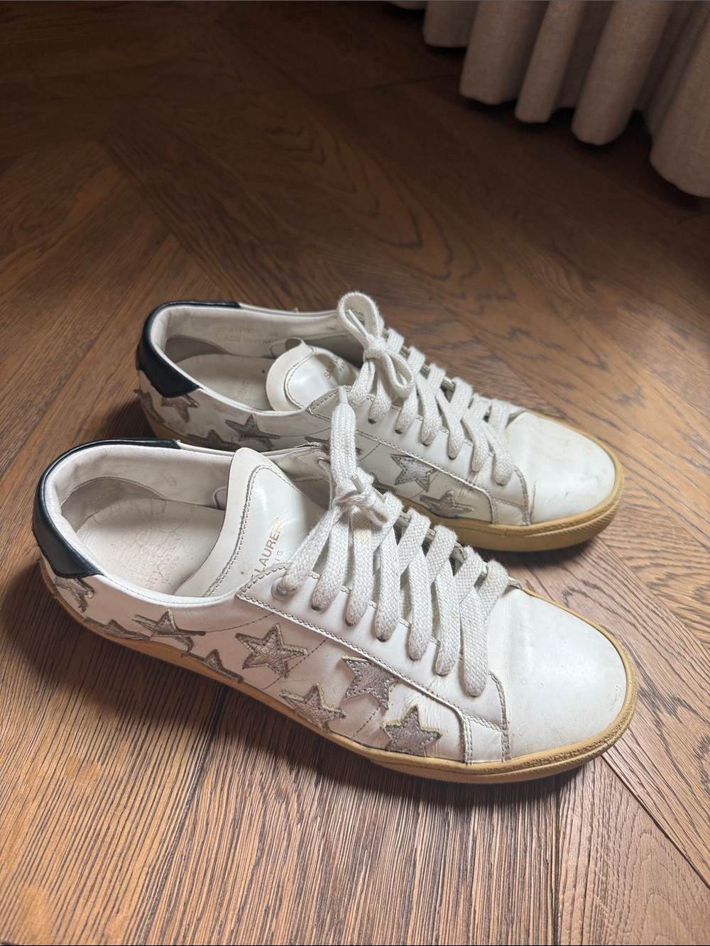 Saint Laurent White Leather Sneakers with Black Heel Accent